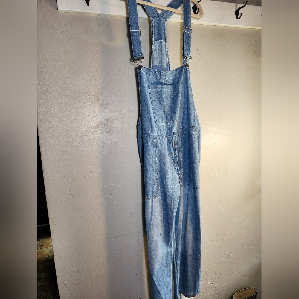 Blue Denim Overalls Lightweight Tie Waist No Tags Adjustable Straps - Picture 3 of 10